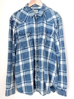 Lucky Brand "True Indigo" Western Pearl Snap Plaid Shirt Men’s Size XXL